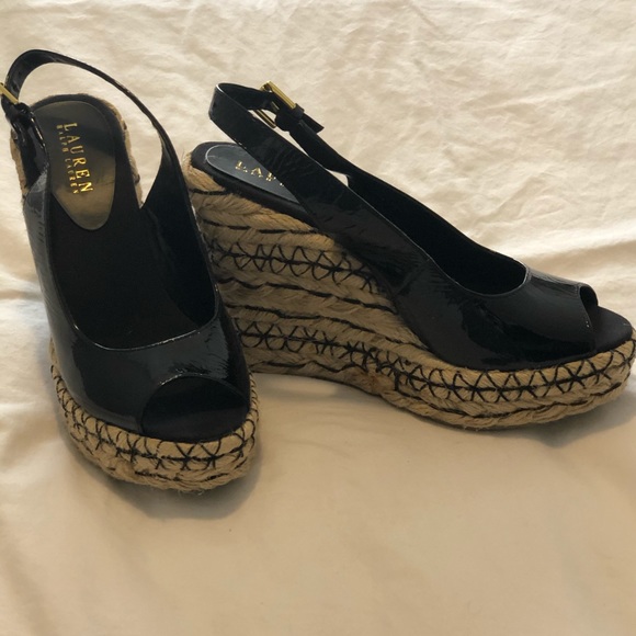 NWOTS RALPH LAUREN PATENT ESPADRILLE PEEP TOE WEDGE (8) - Picture 1 of 15